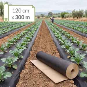 Cultivo de brócoli acolchado con papel Novamulch y rollo de Novamulch 120 cm x 300 metros.