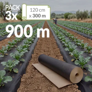 Cultivo de brócoli acolchado con papel Novamulch y rollo de Novamulch 120 cm x 300 metros. Sello pack 3 rollos, 900 metros.
