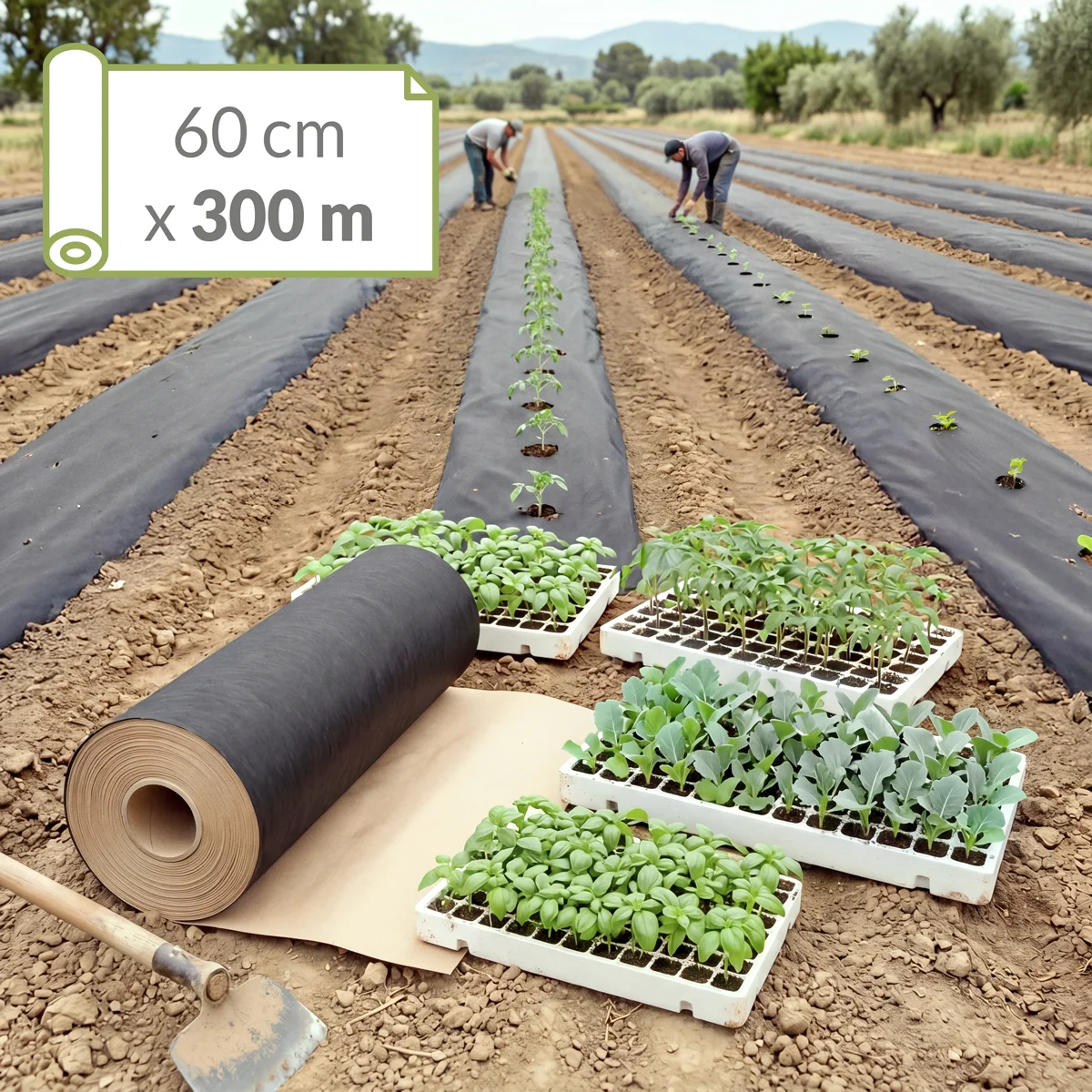 Trabajadores plantando mudas en campo acolchado con papel Novamulch y rollo de Novamulch 600 cm x 300 metros en primer plano.